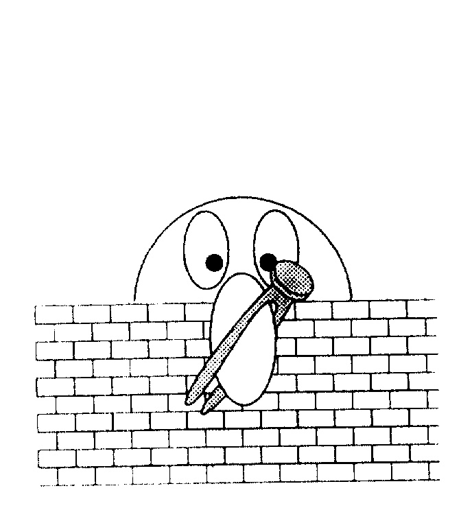 PART OF FACE,CARTOON WITH PEG ON NOSE LOOKS OVER BRICK WALL by